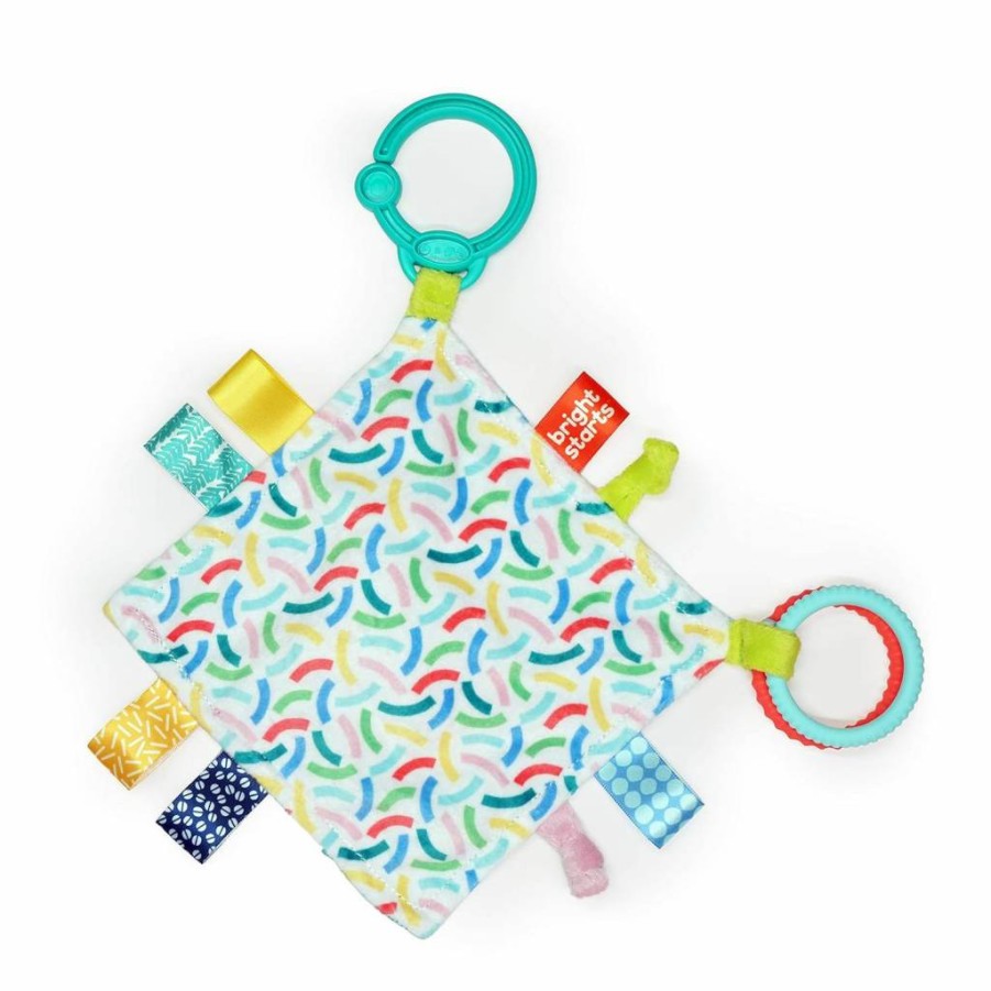 Bright Starts Fuzzy Feelies Plush Security Blanket for Newborns - Soft Baby Blanket with Taggies, Attaches to Carriers & Strollers