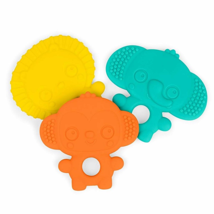 Bright Starts Gummy Buddies 3-Pack Textured Baby Teethers - BPA-Free Elephant, Lion, Monkey for Infants 3+ Months - Soft Chew Toys for Soothing Sore Gums
