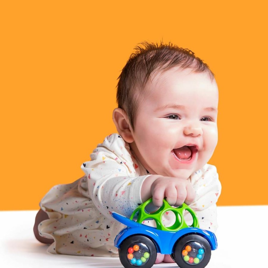 Bright Starts Oball Rattle & Roll Toy Car - BPA-Free Baby Crawl Toy for Infants 3+ Months, Easy-Grasp Blue/Green Developmental Play