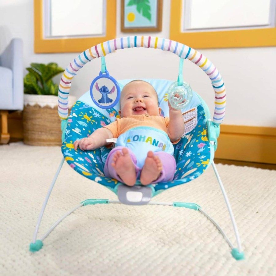 Bright Starts Disney Stitch 'Ohana Paradise Baby Bouncer with Vibrations & 2 Toys for Infants 0-6 Months
