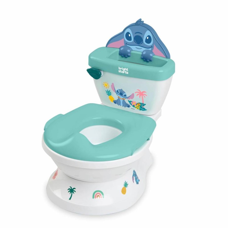 Bright Starts Disney Baby Stitch Training Potty with Flush Sound, Splash Guard & Handles for Toddlers, Unisex Toilet Seat for Kids