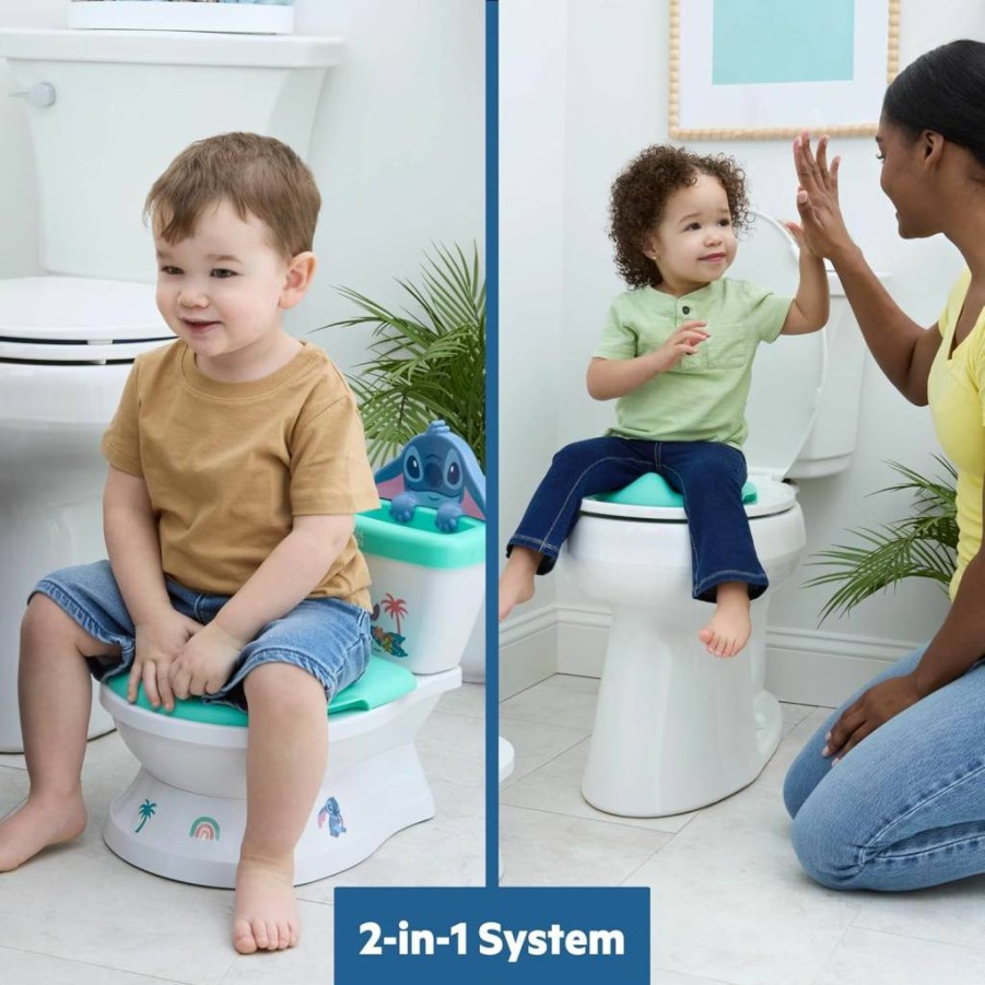 Bright Starts Disney Baby Stitch Training Potty with Flush Sound, Splash Guard & Handles for Toddlers, Unisex Toilet Seat for Kids