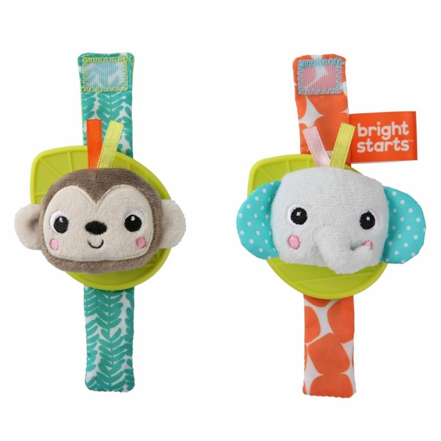 Bright Starts Monkey & Elephant Rattle and Teethe Wrist Toy for Newborns and Infants