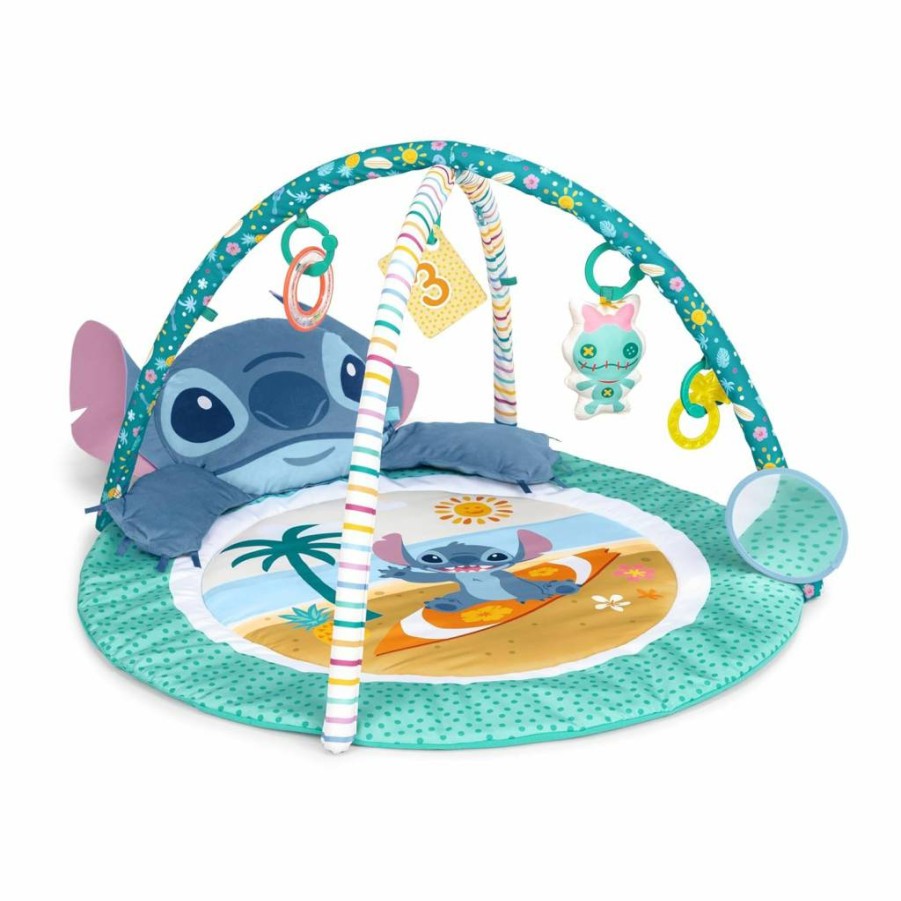 Bright Starts Disney Baby Stitch Play Gym - Paradise Party Play Mat with Tummy Time Pillow & 5 Detachable Toys for Newborns 0M+
