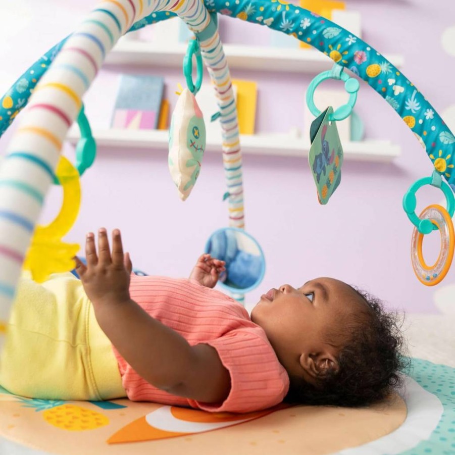 Bright Starts Disney Baby Stitch Play Gym - Paradise Party Play Mat with Tummy Time Pillow & 5 Detachable Toys for Newborns 0M+