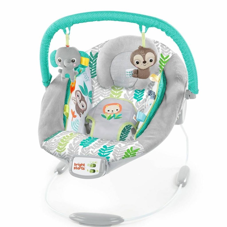 Bright Starts Baby Bouncer with Vibrations, Taggies & Music - Removable Toy Bar for Infants 0-6 Months, Supports Up to 20 lbs (Whimsical Wild Design)