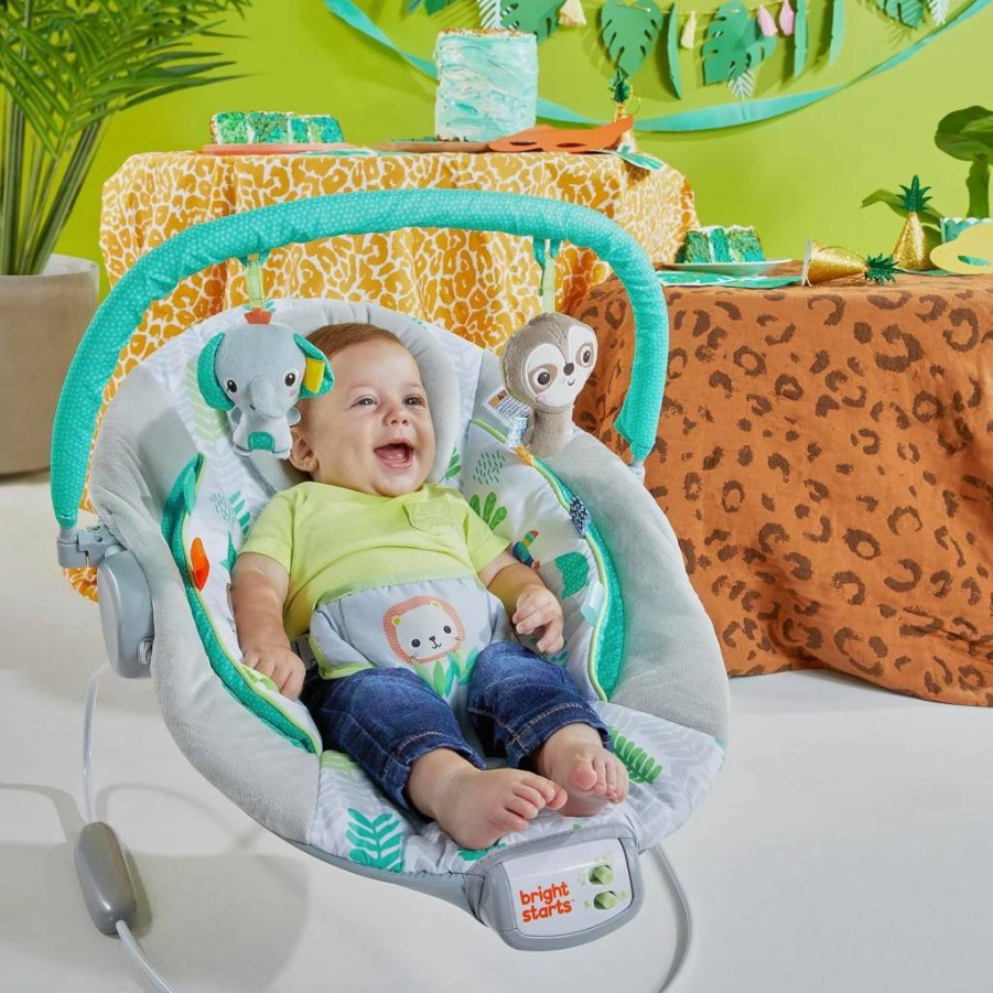 Bright Starts Baby Bouncer with Vibrations, Taggies & Music - Removable Toy Bar for Infants 0-6 Months, Supports Up to 20 lbs (Whimsical Wild Design)