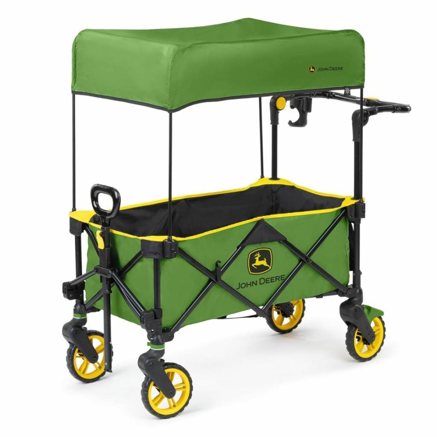 Bright Starts Foldable Stroller Wagon for 2 Kids with 50+ SPF Sun Shade, Green & Yellow Unisex John Deere Design