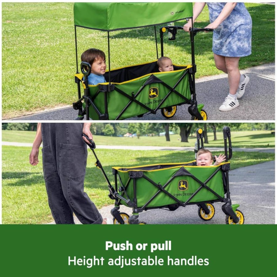 Bright Starts Foldable Stroller Wagon for 2 Kids with 50+ SPF Sun Shade, Green & Yellow Unisex John Deere Design