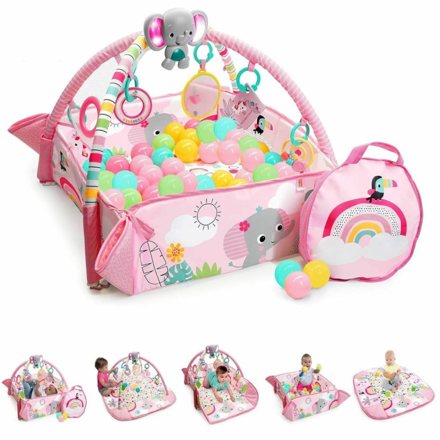 Bright Starts 5-in-1 Baby Activity Gym & Ball Pit with 7 Toys for Newborn to Toddler - Pink Rainbow Tropics Play Mat