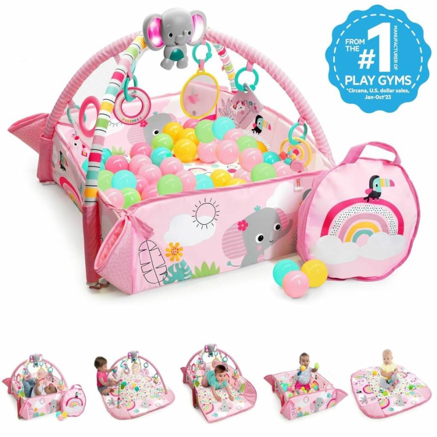 Bright Starts 5-in-1 Baby Activity Gym & Ball Pit with 7 Toys for Newborn to Toddler - Pink Rainbow Tropics Play Mat